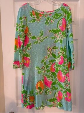 Lilly Pulitzer Aqua Dress with Pink & Green Floral Print, size medium